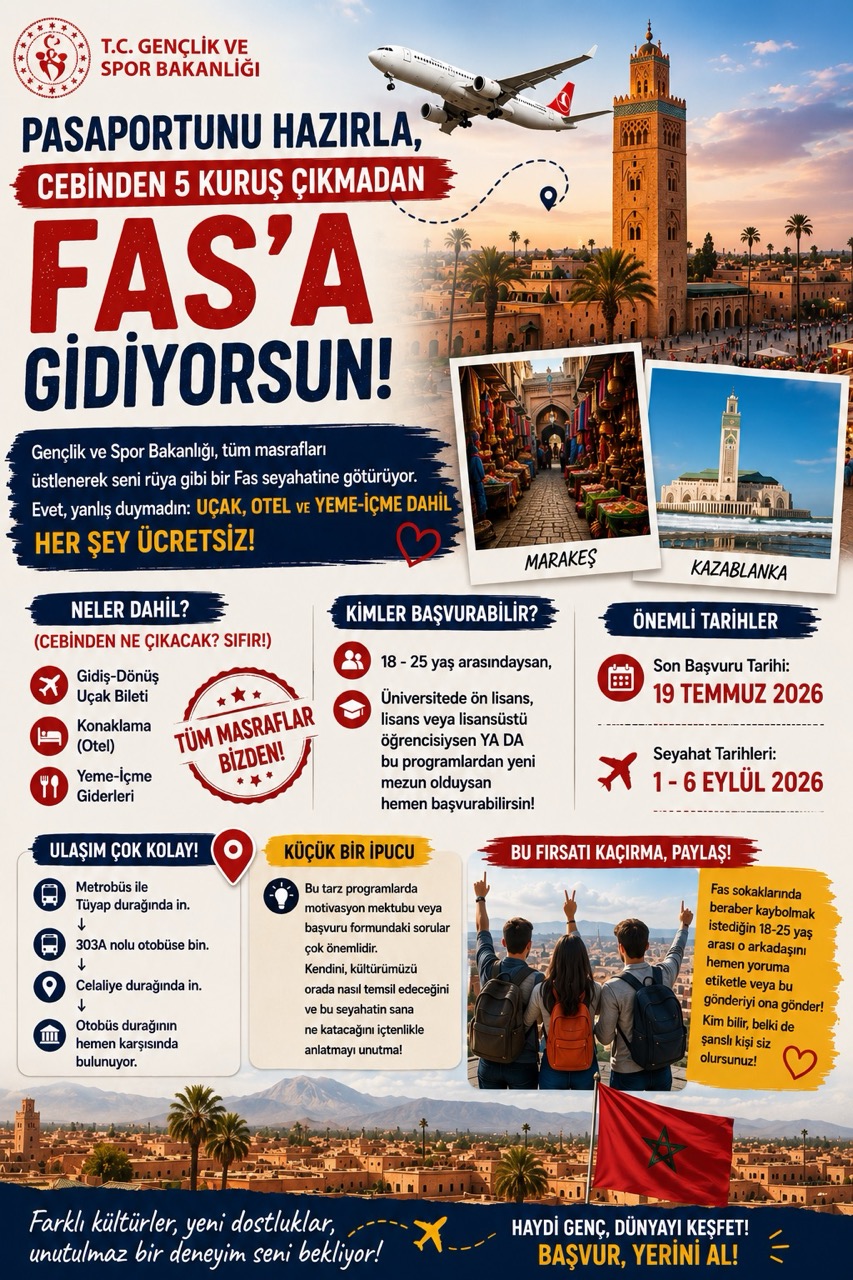 Gençlik ve Spor Bakanlığı’ndan Ücretsiz Fas Gezisi! 18-25 Yaş Gençlere Uçak, Otel ve Yemek Dahil Fır