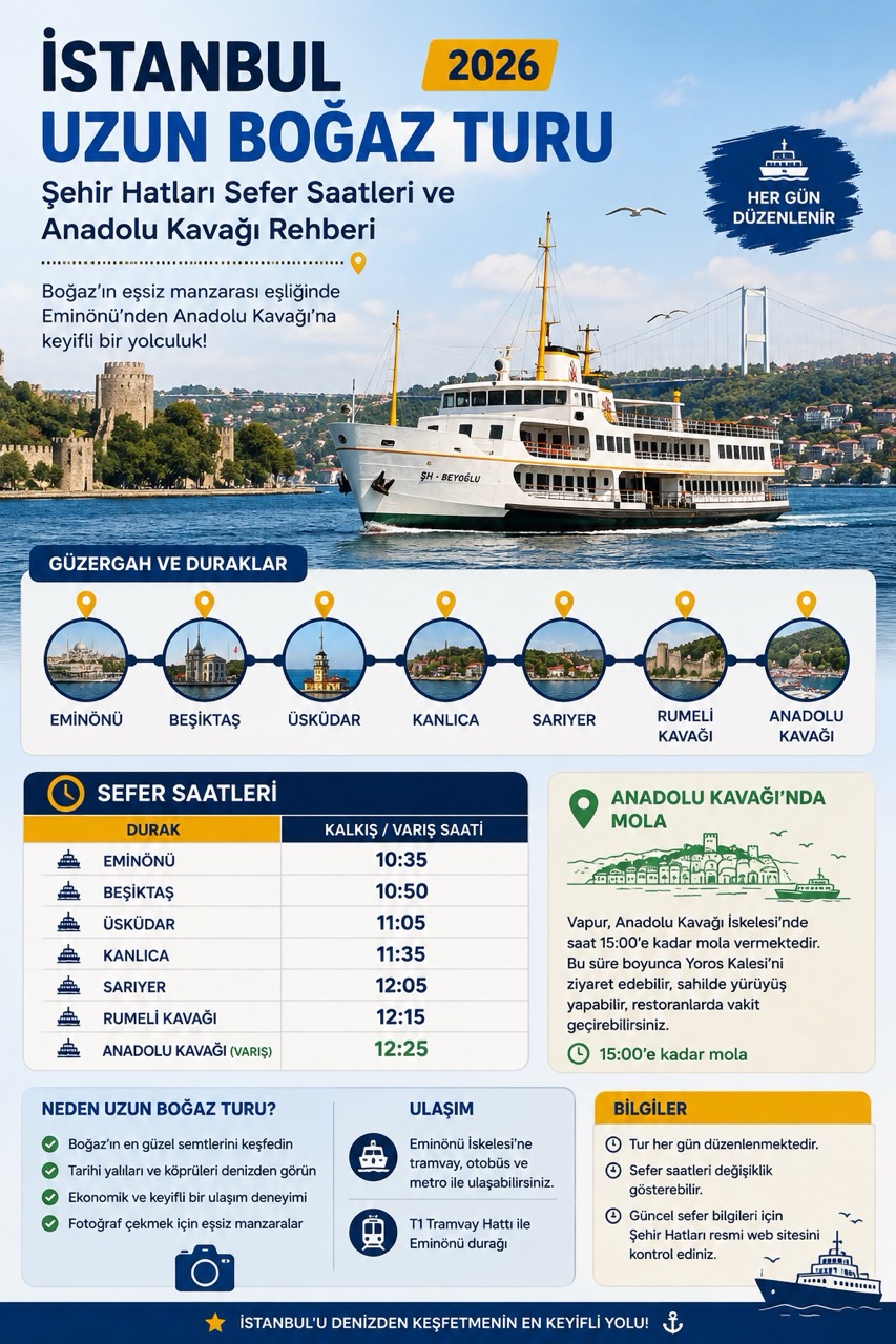 İstanbul Uzun Boğaz Turu (2026): Şehir Hatları Sefer Saatleri ve Anadolu Kavağı Rehberi