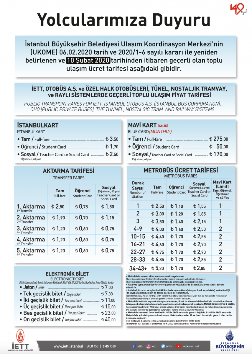 İstanbul Ulaşım Ücret Tarifeleri