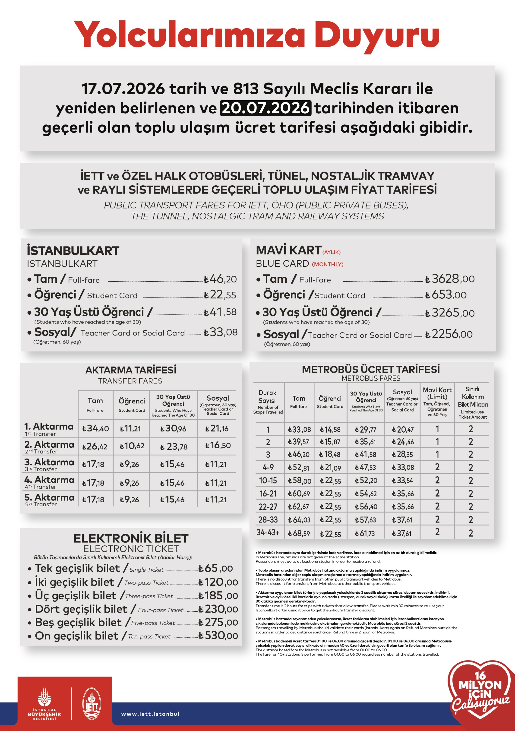 İstanbul Ulaşım Ücret Tarifeleri